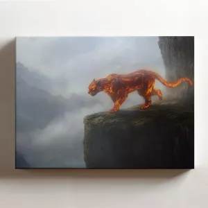 (20 x 16 x 1.25 IN) Gallery Wrapped Canvas Wall Art Print of Neoclassicism Art : Majestic Fire Panther Walking Through a Foggy Valley on Mountain Cliffs - Awe-Inspiring Wall Decor f - 925UNCAi465103WH