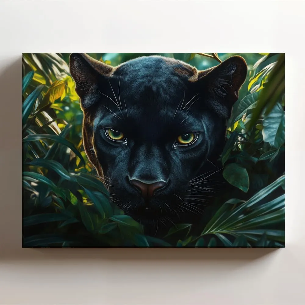 (20 x 16 x 1.25 IN) Gallery Wrapped Canvas Wall Art Print of Realism : Stunning Black Panther Peering Through Lush Tropical Jungle, Evoking Cosmic Grandeur and Nature's Mystique, Pe - 925UNCAi457303WH