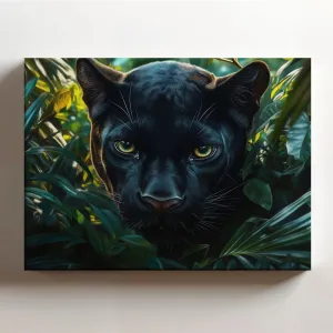 (20 x 16 x 1.25 IN) Gallery Wrapped Canvas Wall Art Print of Realism : Stunning Black Panther Peering Through Lush Tropical Jungle, Evoking Cosmic Grandeur and Nature's Mystique, Pe - 925UNCAi457303WH