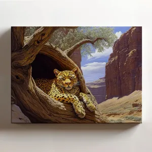 (20 x 16 x 1.25 IN) Gallery Wrapped Canvas Wall Art Print of Street Art : Majestic Golden Panther Resting in a Tree Hollow in Desert Canyon - Evoking Strength and Serenity for Home - 925UNCAi462503WH