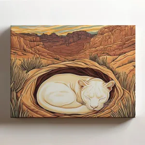(20 x 16 x 1.25 IN) Gallery Wrapped Canvas Wall Art Print of Stunning Line Art of an Albino White Panther Curled Up in a Desert Canyon Den, Perfect for Home Decor, Unique Wall Art F - 925UNCAi459803WH