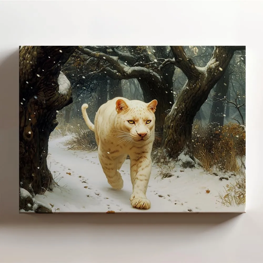 (20 x 16 x 1.25 IN) Gallery Wrapped Canvas Wall Art Print of Symbolism - Albino White Panther Walking Along a Snowy Path in an Ancient Oak Forest, Evoking Cosmic Grandeur - Stunning - 925UNCAi465303WH