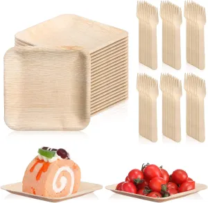 200 Set 6 Inch Palm Leaf Plates Wooden Forks Disposable Set Square Party Paper Plates for Wedding Parties Events Picnic Dessert