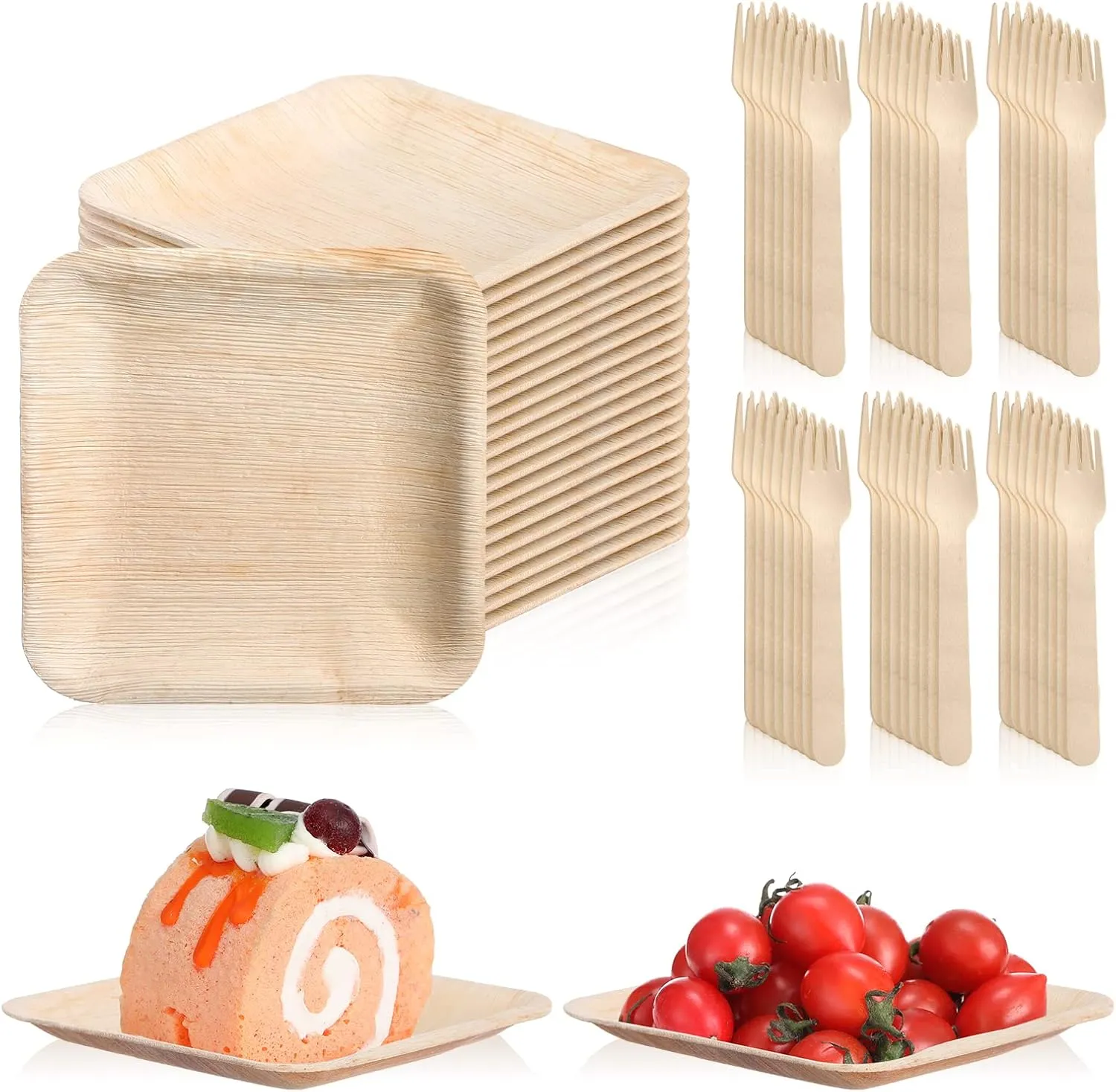 200 Set 6 Inch Palm Leaf Plates Wooden Forks Disposable Set Square Party Paper Plates for Wedding Parties Events Picnic Dessert