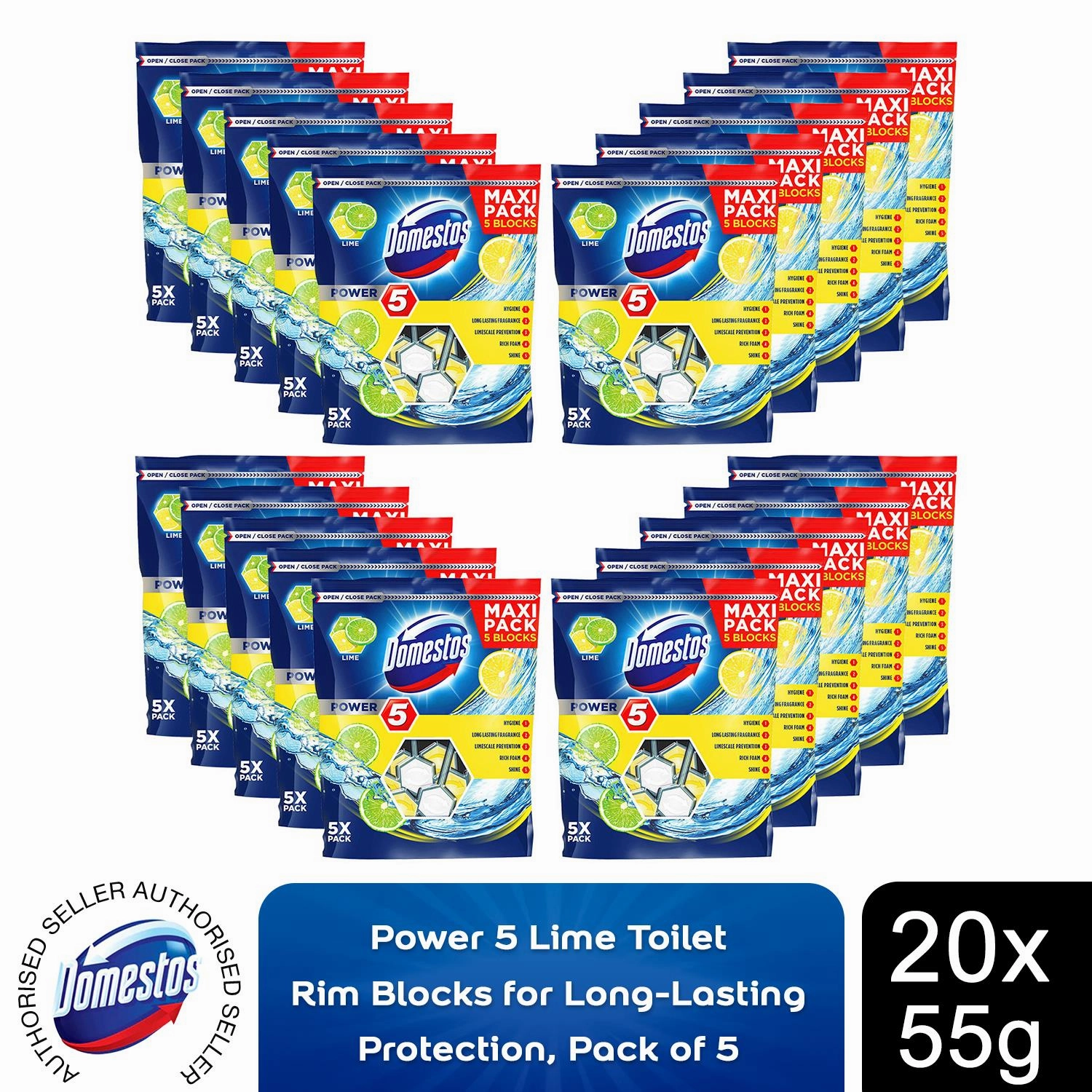 20x Domestos Power 5 Lime Toilet Rim Blocks for LongLasting Protection 55g,Pkof5