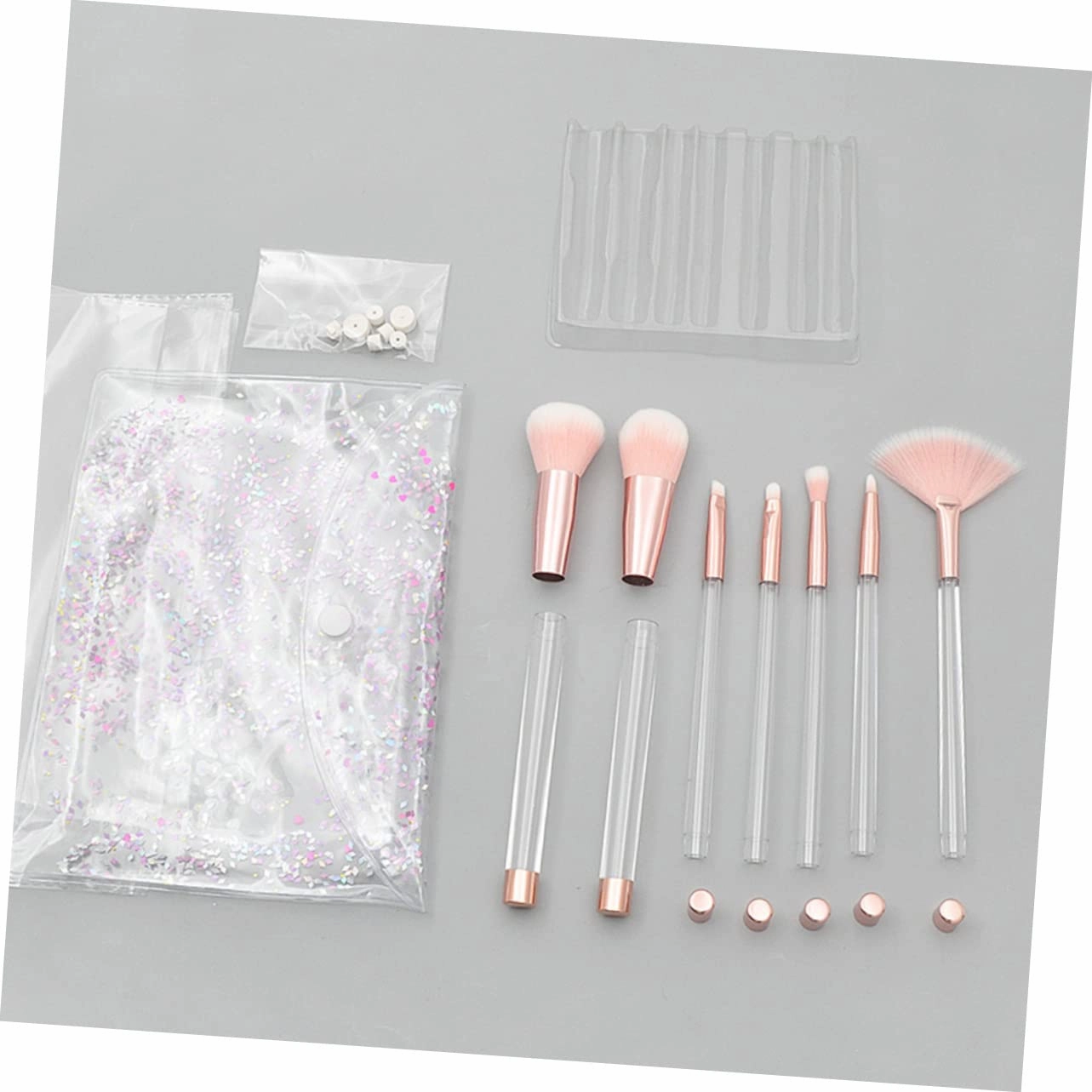 21pcs Transparent Crystal Makeup Brush Set with Empty Handle Rose Gold and Design Hair for Application for Daily and