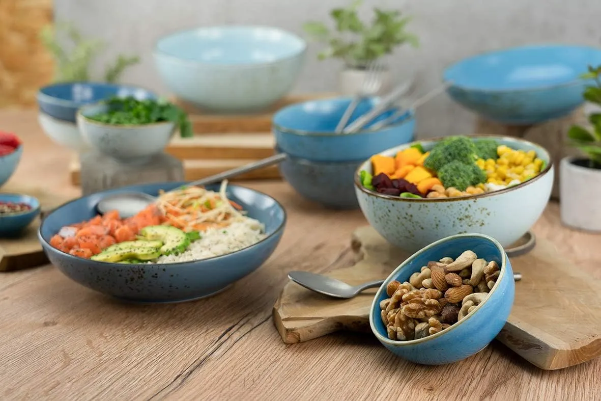 23431 Nature Collection Aqua Buddha Owl 4-Piece Tableware Set, Bowl Set Made of Stoneware, Dishwasher and Microwave Safe, Quality Production