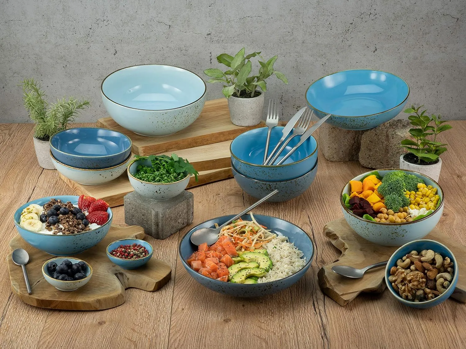 23431 Nature Collection Aqua Buddha Owl 4-Piece Tableware Set, Bowl Set Made of Stoneware, Dishwasher and Microwave Safe, Quality Production