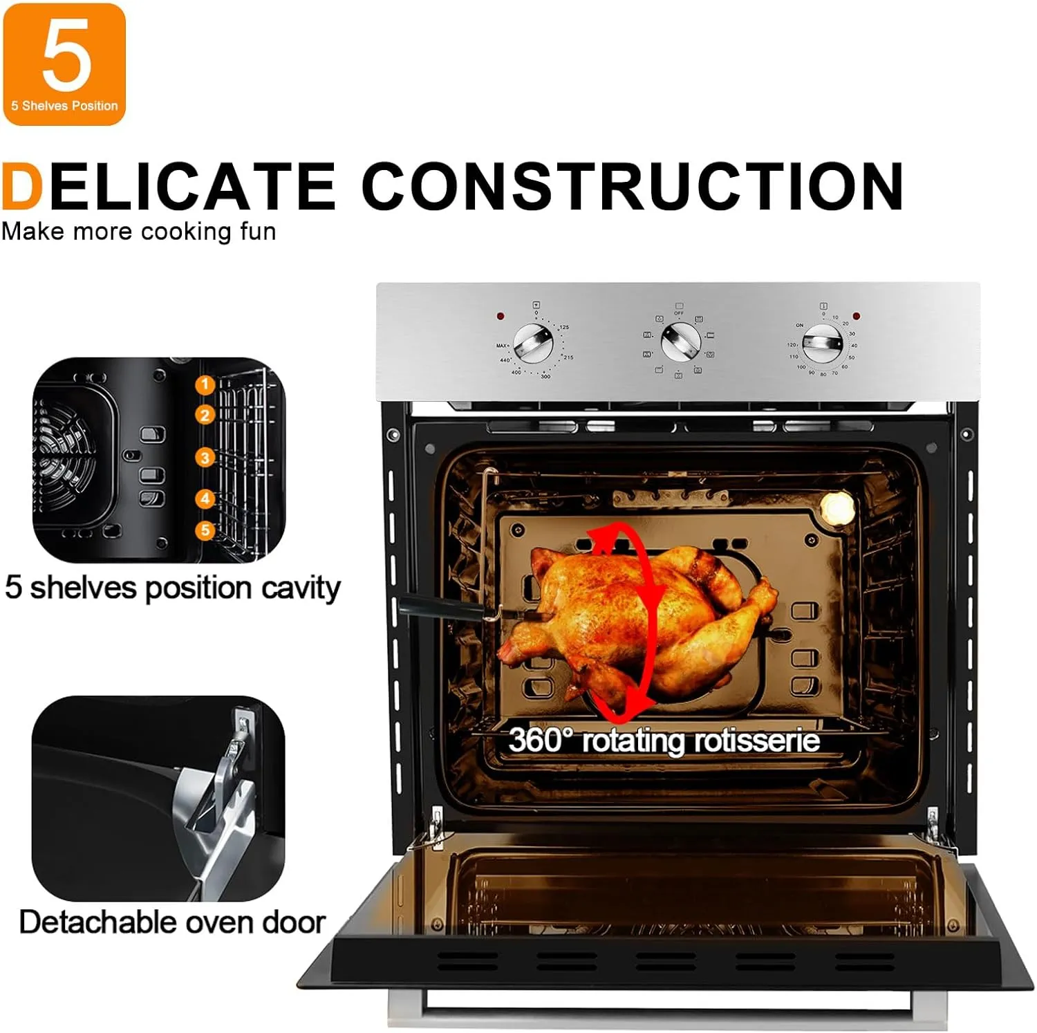 24 Inch Electric Oven, Built-in Single Wall Oven GASLAND ES609MSN, 240V 3200W 2.3Cu.ft Convection Oven with Rotisserie, 9 Cooking Modes, Mechanical Knob Control, Transparent Window, Stainless