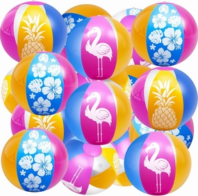 24 Pack Summer Tropical Beach Balls, 9 Inch Inflatable Summer Hawaiian Beach Balls Flamingo Hibiscus Pineapple Pool Toys for Beach Pool Decoration Water Game Accessories