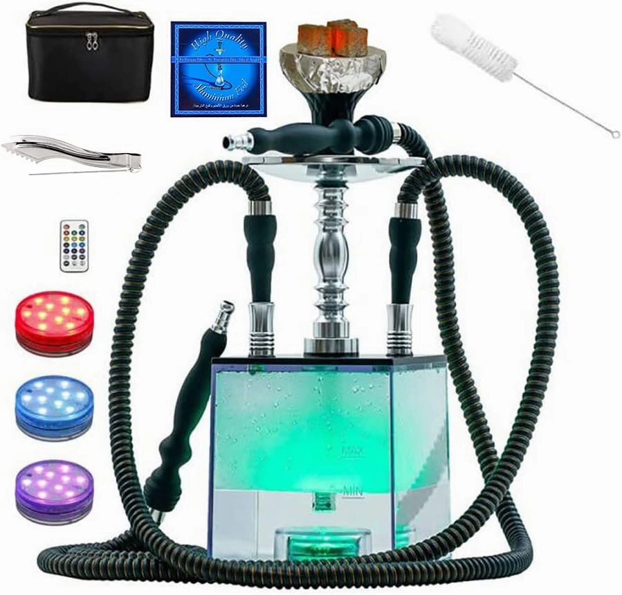 2 Hose Hookah Set,Portable Micro Modern Cube Acrylic Hookah with Silicone Hookah Bowl Two Leather Hose Coal Tongs Aluminum Stem,Cube Hookah with Remoted LED Light Custom Storage Bag and Cleaning Brush