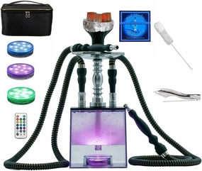 2 Hose Hookah Set,Portable Micro Modern Cube Acrylic Hookah with Silicone Hookah Bowl Two Leather Hose Coal Tongs Aluminum Stem,Cube Hookah with Remoted LED Light Custom Storage Bag and Cleaning Brush