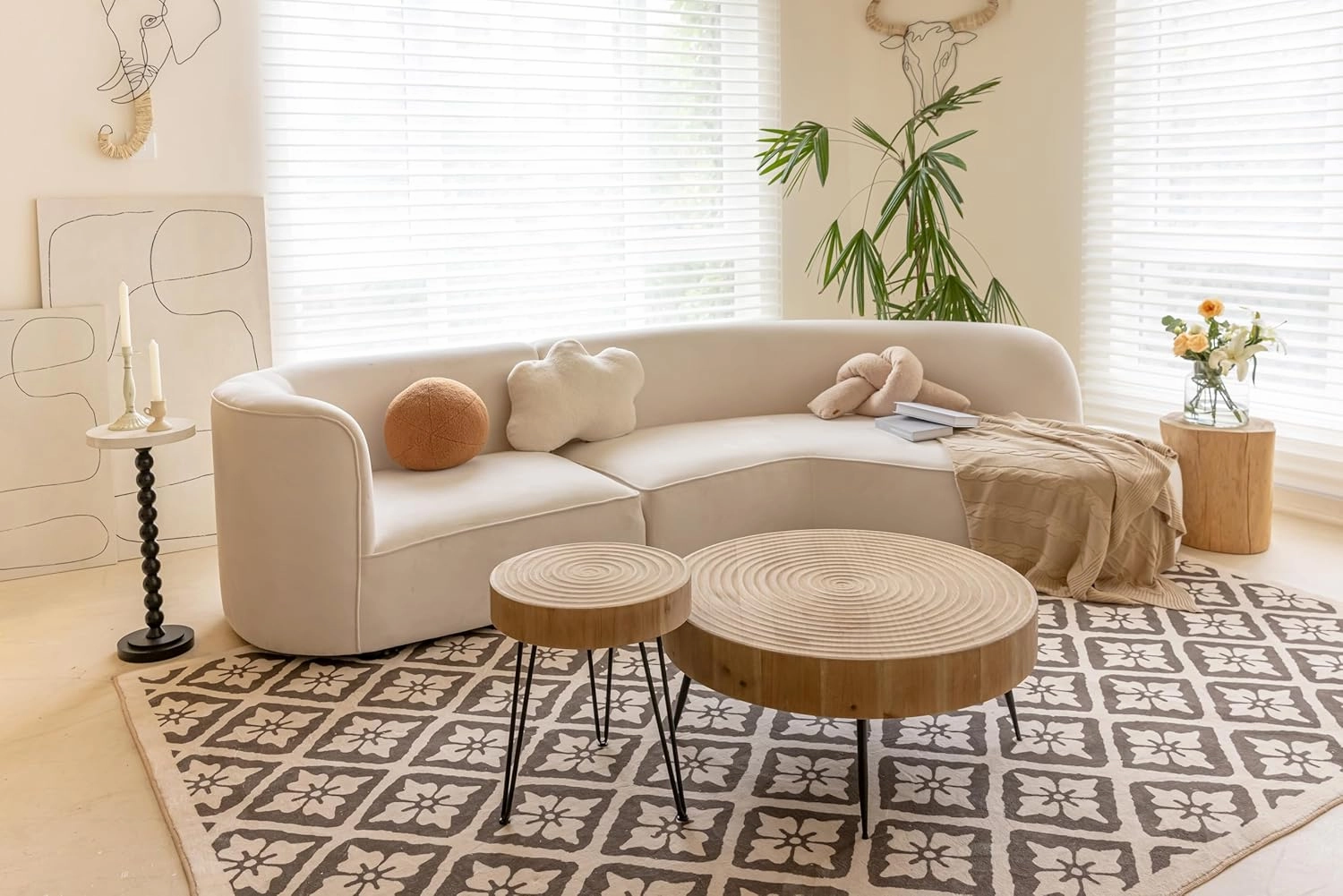 2-Piece Modern Farmhouse Living Room Coffee Table Set, Nesting Table Round Natural Finish with Handcrafted Wood Ring Motif, Wood Colour