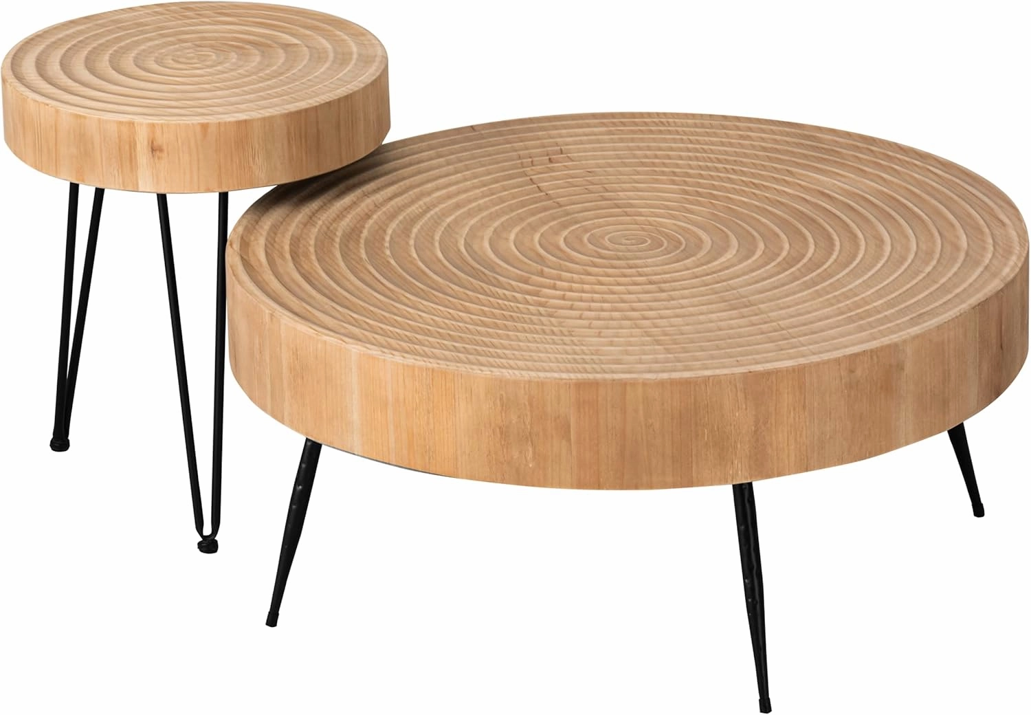 2-Piece Modern Farmhouse Living Room Coffee Table Set, Nesting Table Round Natural Finish with Handcrafted Wood Ring Motif, Wood Colour