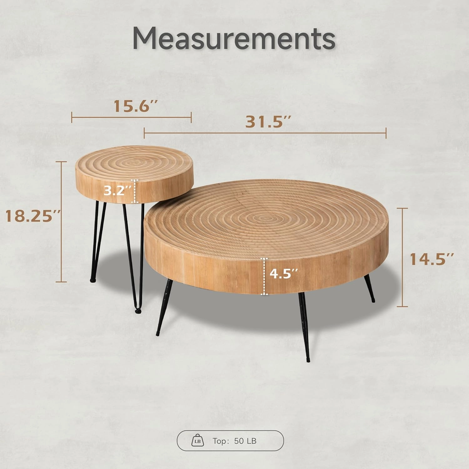 2-Piece Modern Farmhouse Living Room Coffee Table Set, Nesting Table Round Natural Finish with Handcrafted Wood Ring Motif, Wood Colour