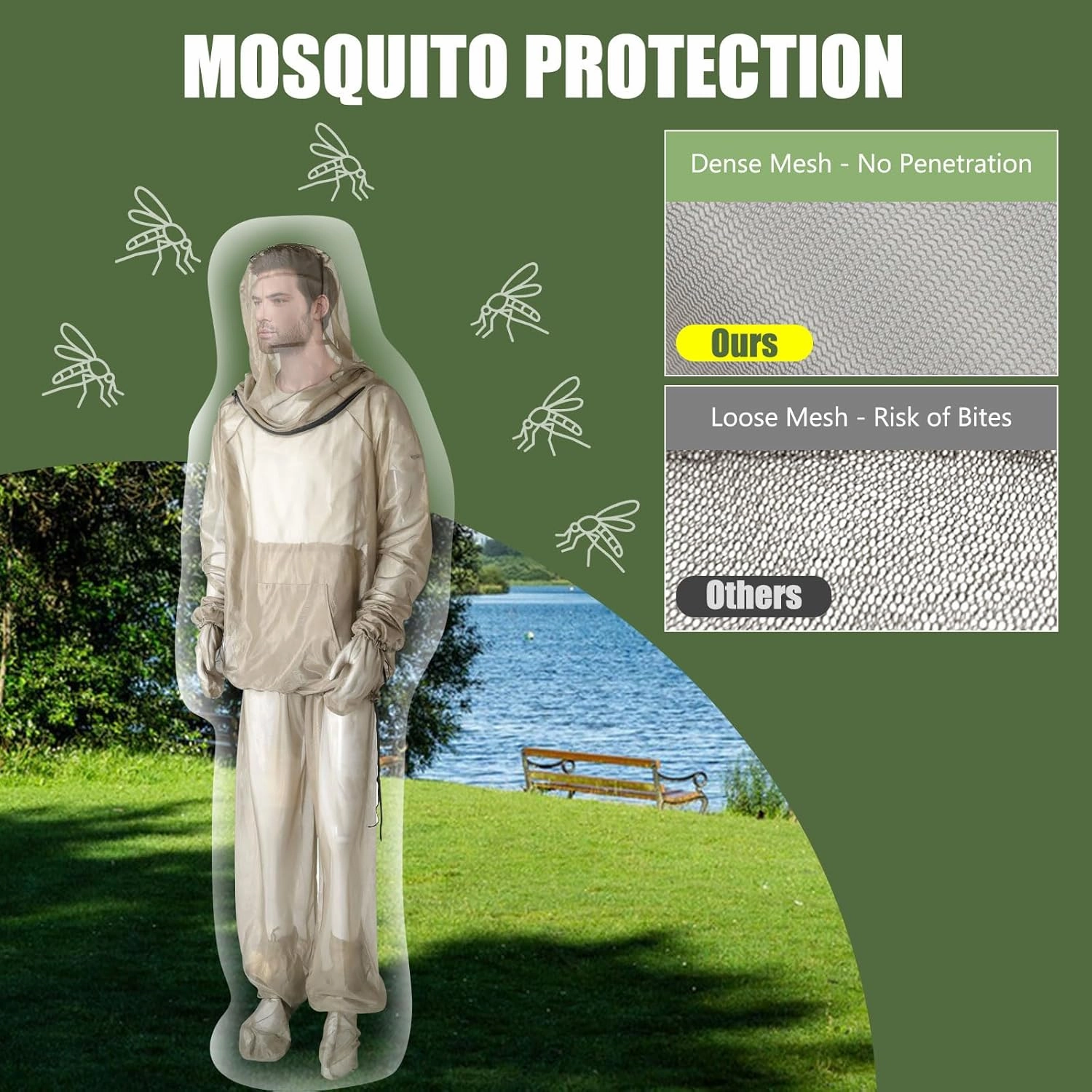 2-Piece Net Suit, Zippered Hood Jacket & Gloves Set, Thickened Breathable Mesh, Adjustable Fit for Upper Body Protection