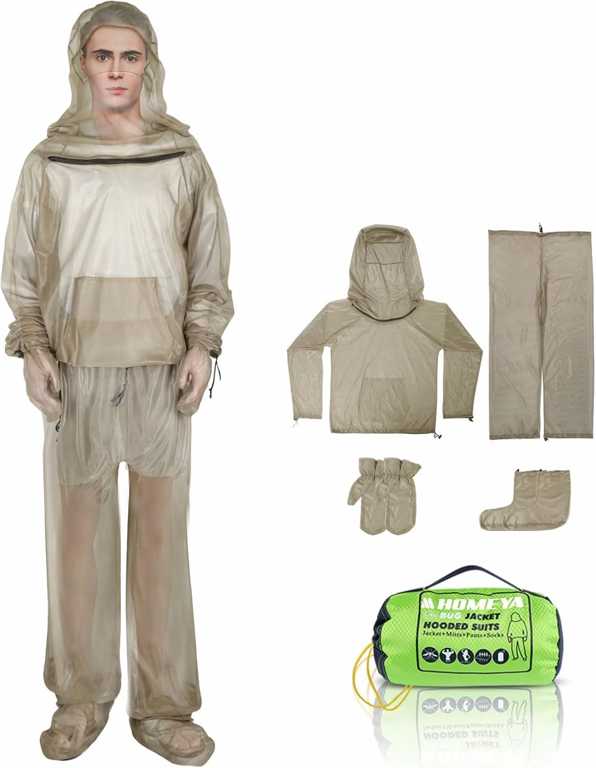 2-Piece Net Suit, Zippered Hood Jacket & Gloves Set, Thickened Breathable Mesh, Adjustable Fit for Upper Body Protection