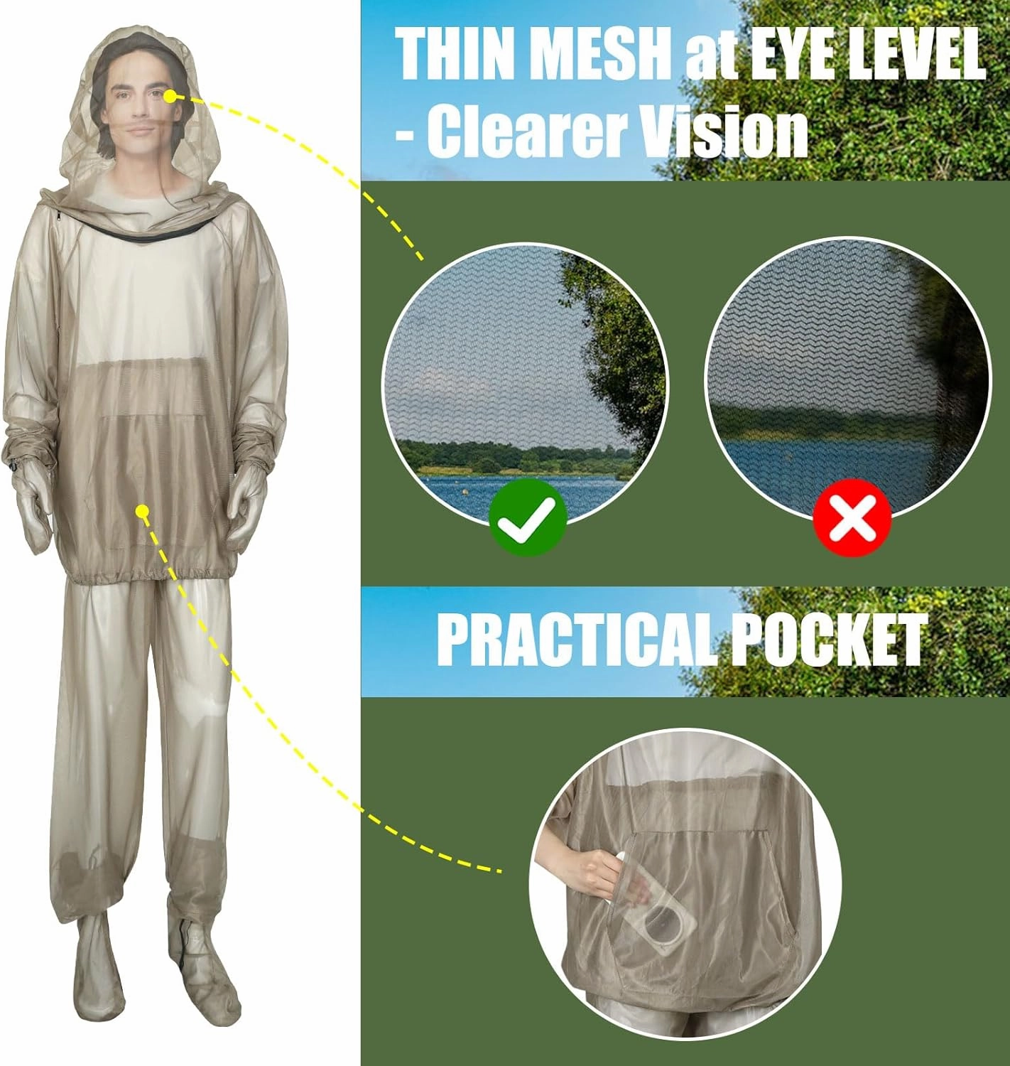 2-Piece Net Suit, Zippered Hood Jacket & Gloves Set, Thickened Breathable Mesh, Adjustable Fit for Upper Body Protection