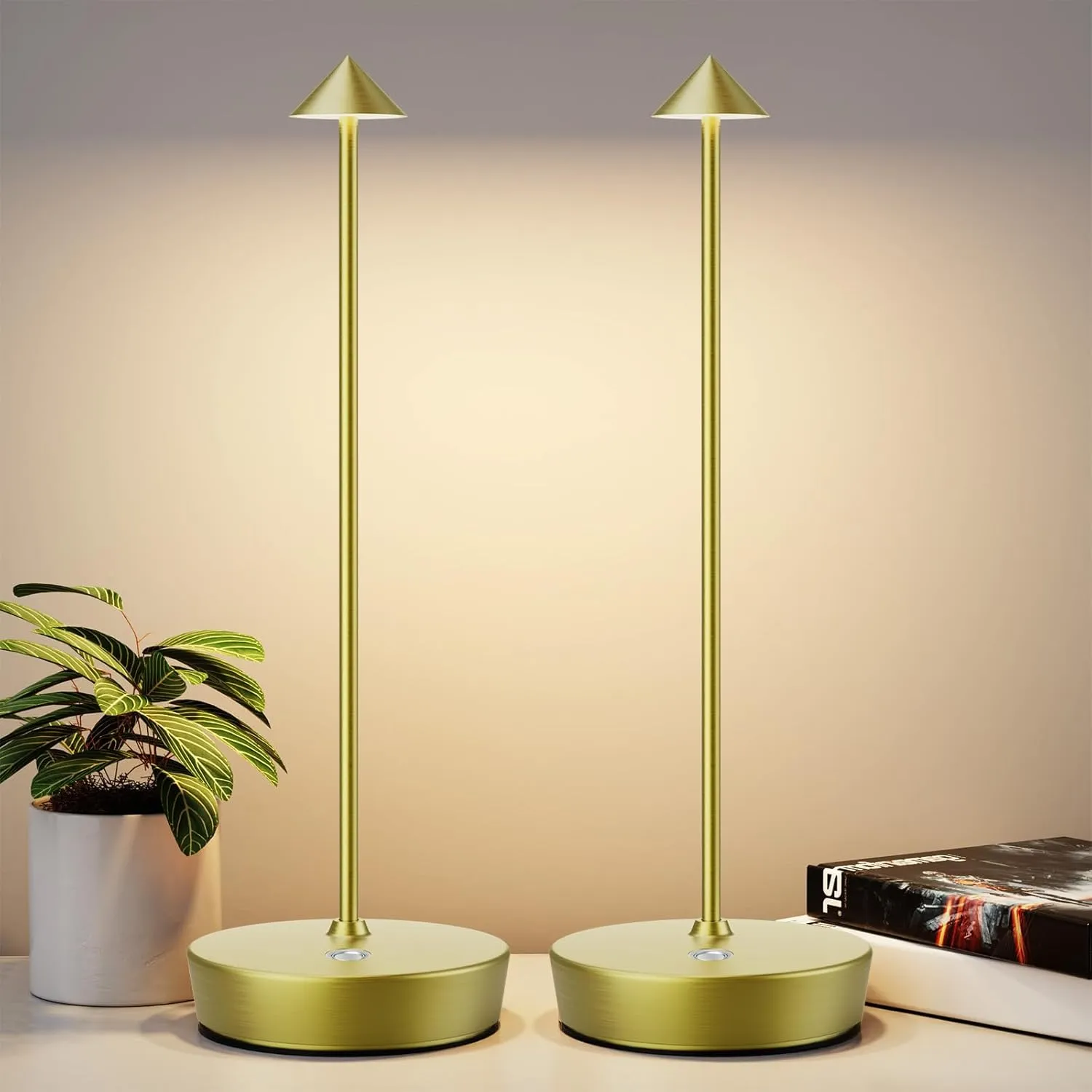 2Pack Rechargeable Cordless Table Lamp, Portable Powered LED Battery 6000mAh Metal USB Desk Lamp, 3 Levels Brightness Light for Restaurants Outdoor (2pack Bronze)