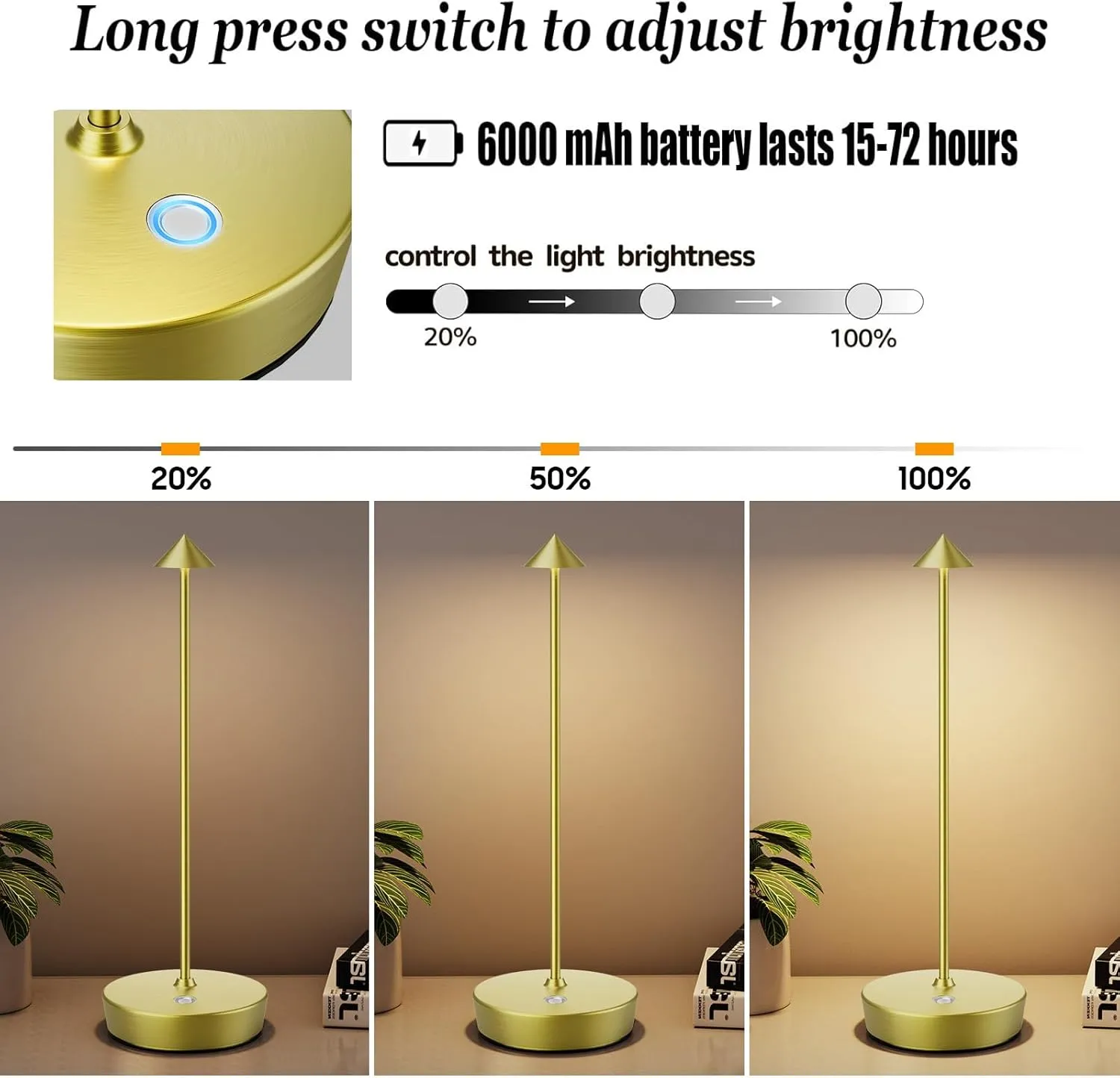 2Pack Rechargeable Cordless Table Lamp, Portable Powered LED Battery 6000mAh Metal USB Desk Lamp, 3 Levels Brightness Light for Restaurants Outdoor (2pack Bronze)