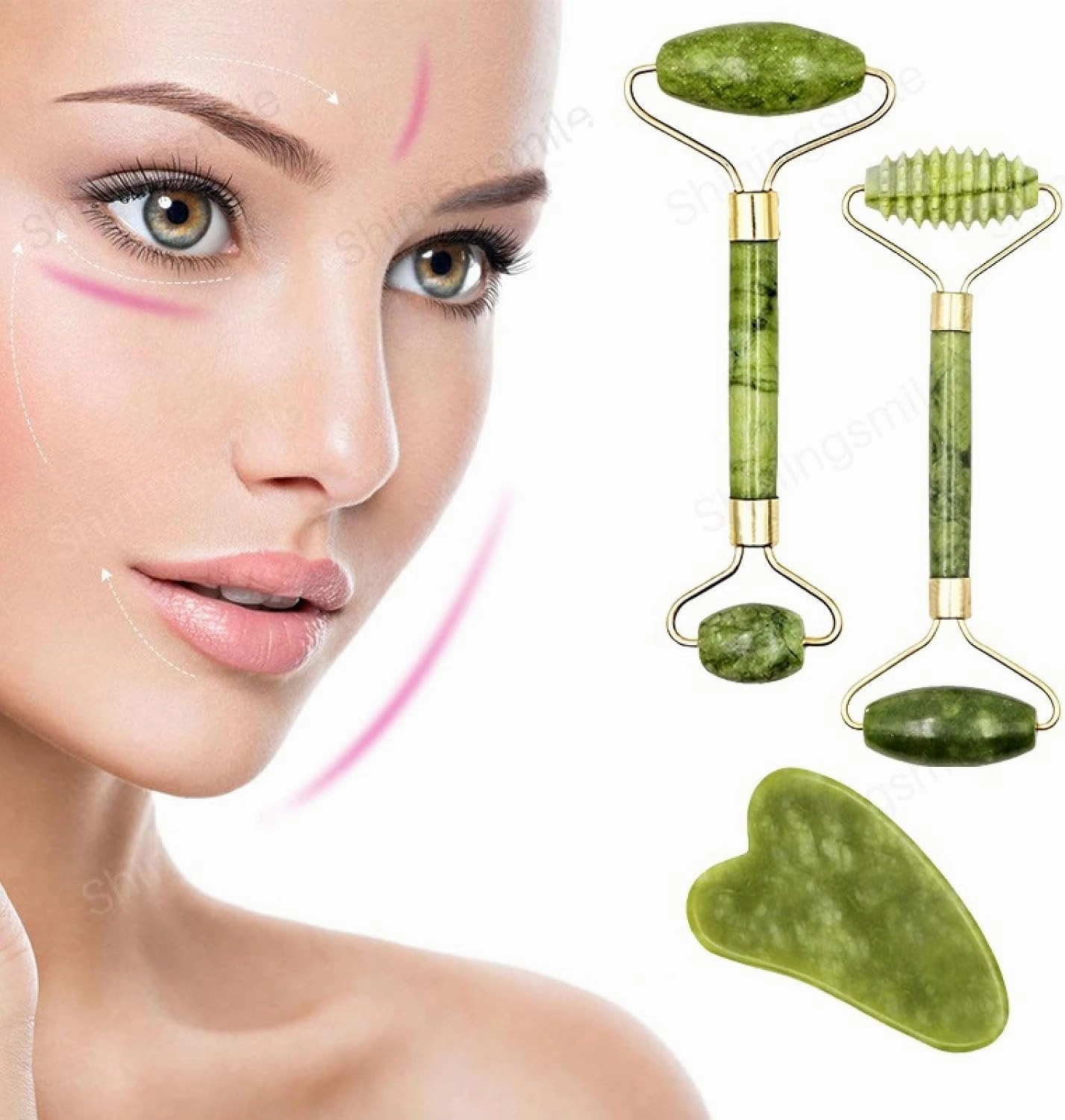 2pcs Face Massager Roller Natural Jade Stone Guasha Board Scraper Set Facial,B Set