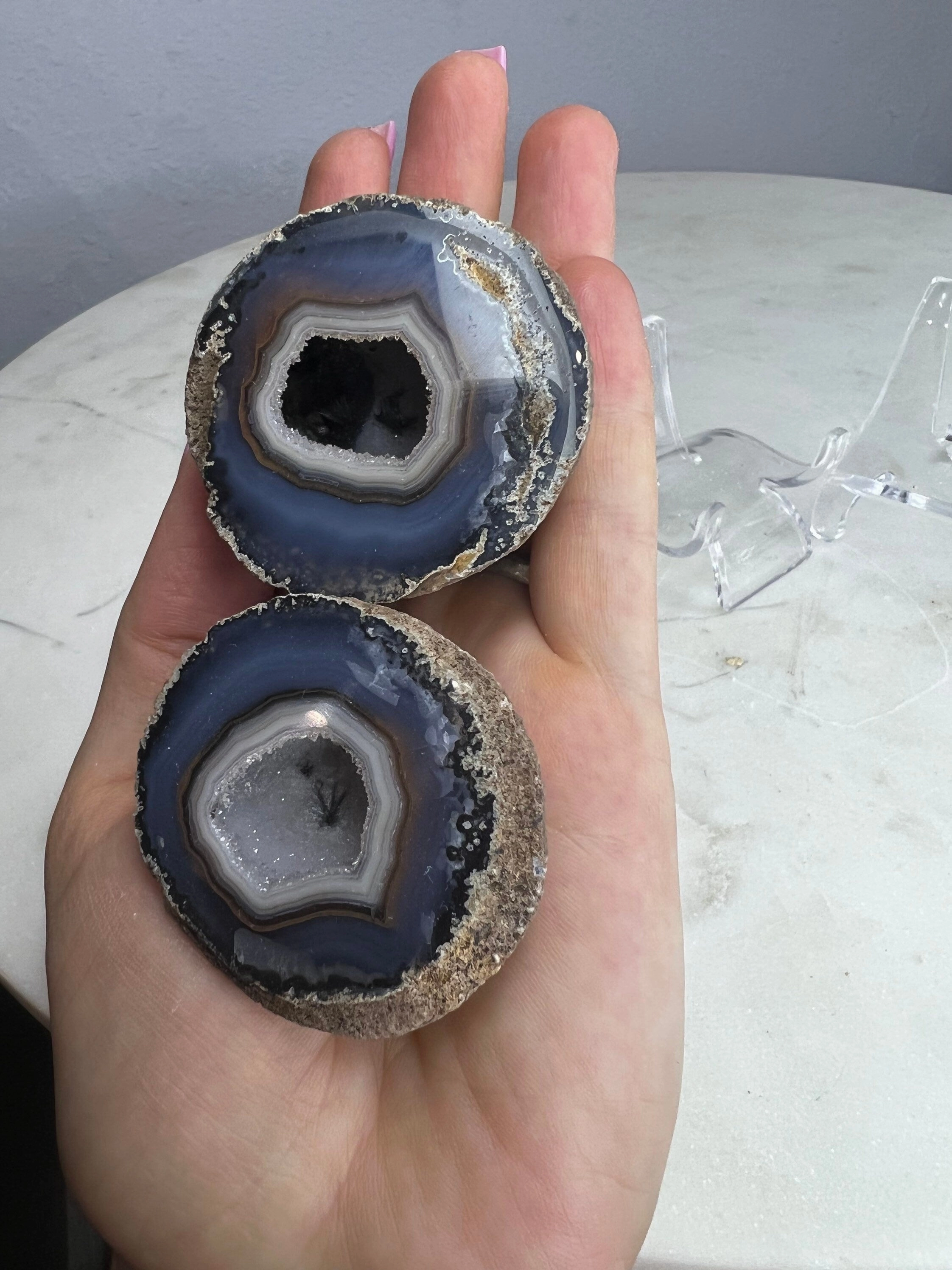 2piece geode set. 5.7oz almost 2 inches each. Natural from Brazil.