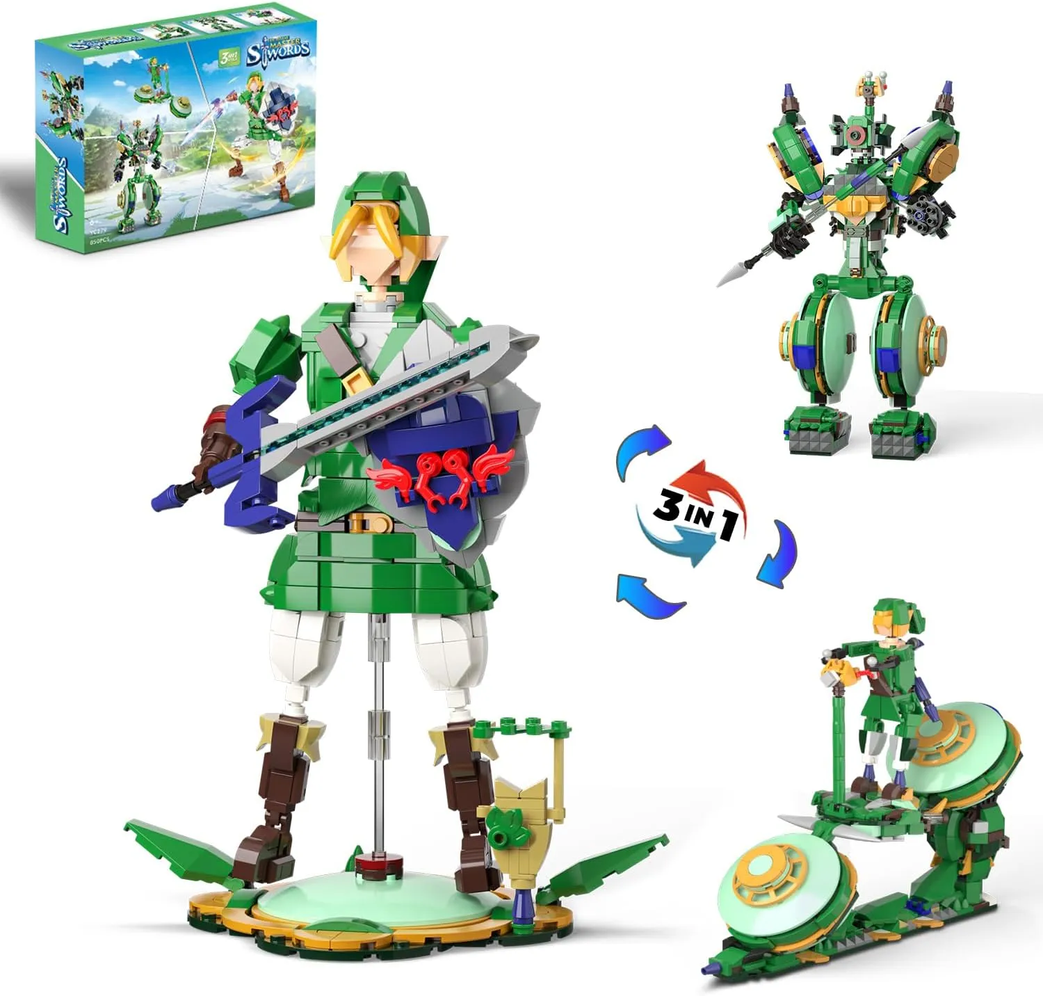 3 in 1 BOTW Building Set, Transforms to 3 Different Zelda Figures- from Link Holding Master Sword, to Battle Robot, to Glider Bike, Compatible with Lego Zelda (850PCS)