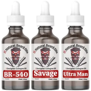 3-Pack Sample Set – Beard Oil & Body Anti-Aging Cologne Oil – BR-540, Savage, Ultra Man – 10ml Bottles