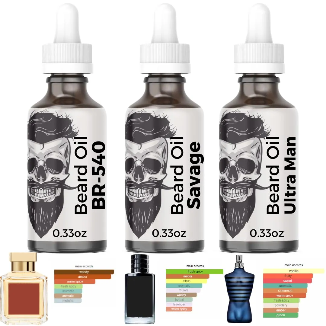 3-Pack Sample Set – Beard Oil & Body Anti-Aging Cologne Oil – BR-540, Savage, Ultra Man – 10ml Bottles
