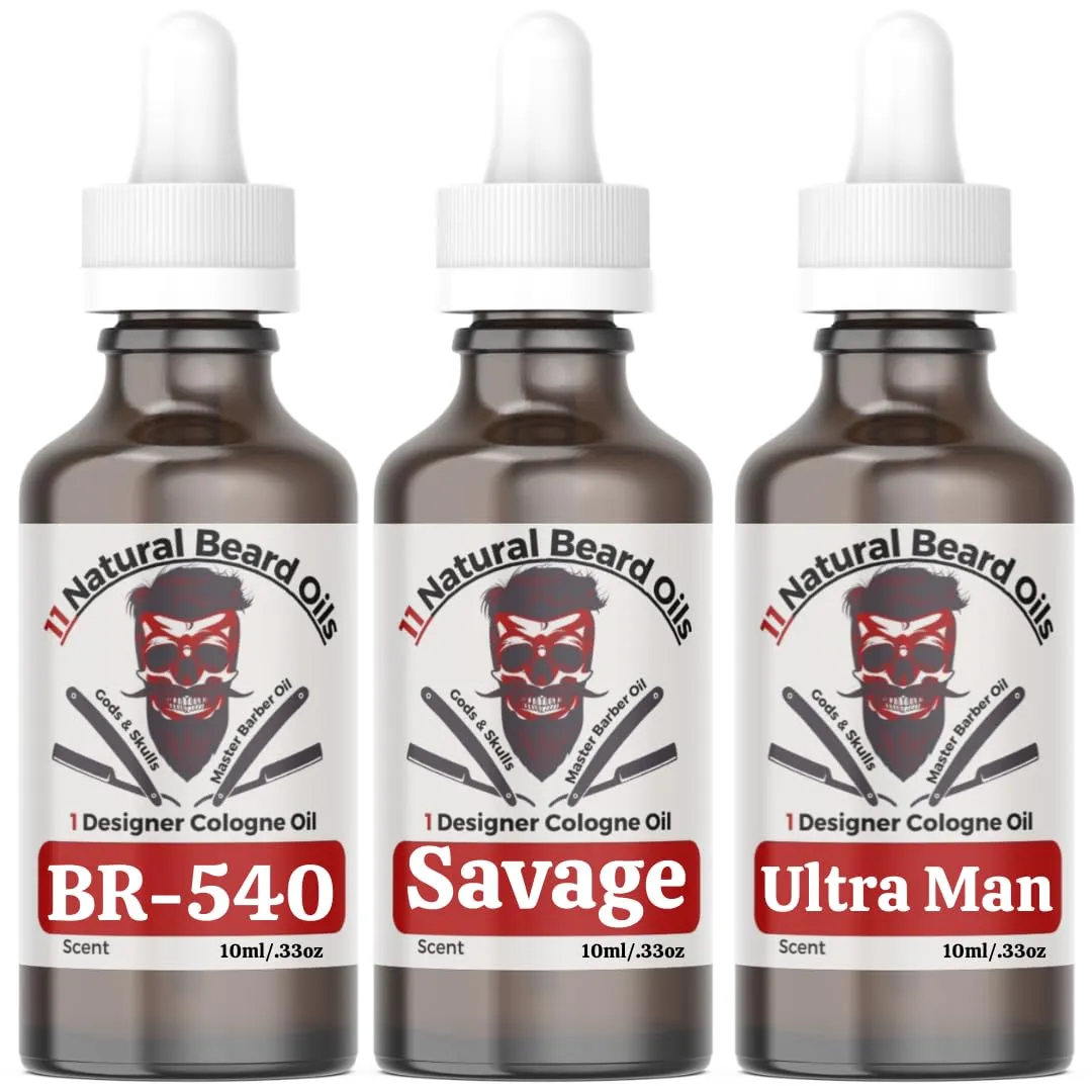 3-Pack Sample Set – Beard Oil & Body Anti-Aging Cologne Oil – BR-540, Savage, Ultra Man – 10ml Bottles
