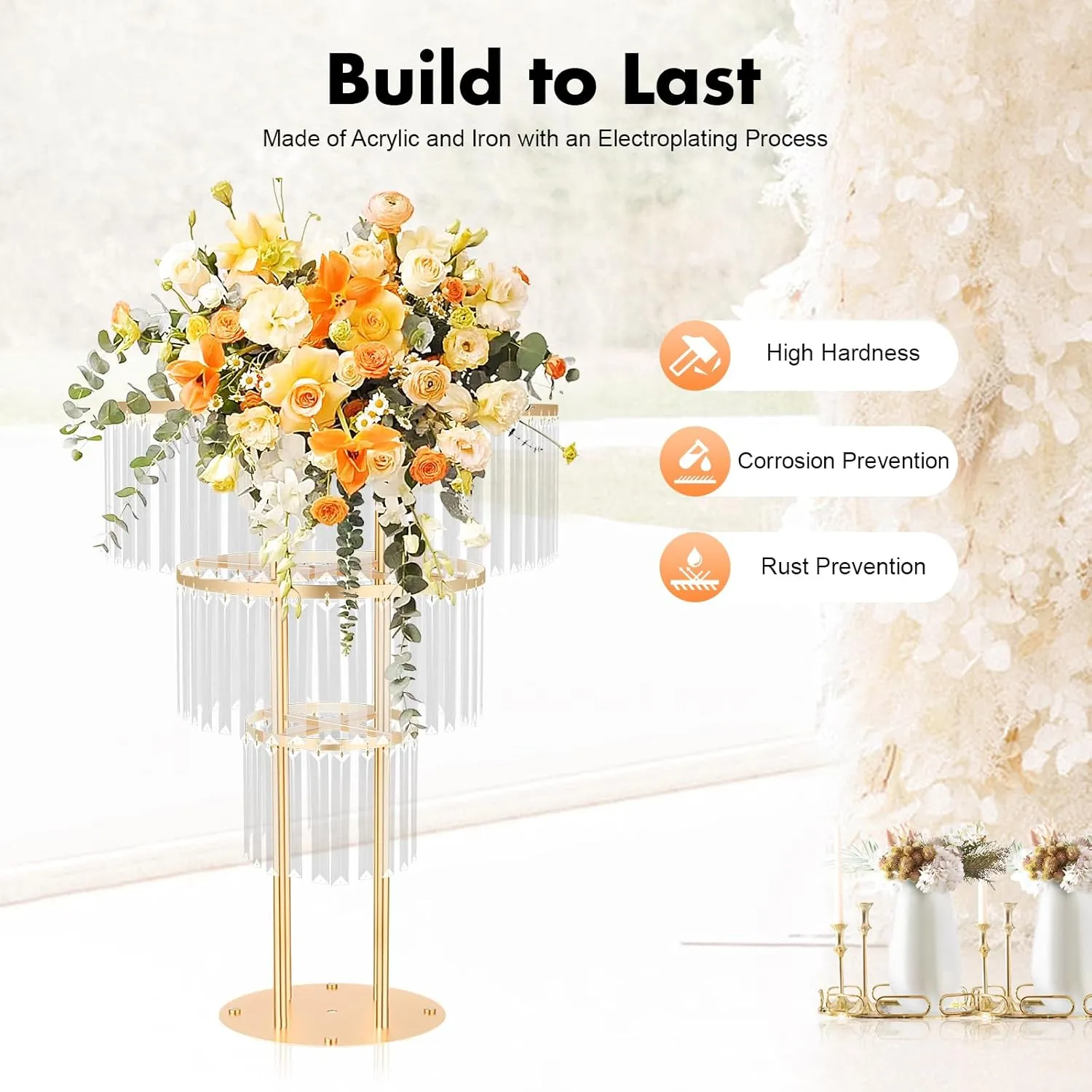 3 Tiers Wedding Centerpieces Stand, 28.4in Gold Round Acrylic Flower Stand Vase, Wedding Flower Stand for Party Table Decoration Lawn Hotel Opening Ceremony (3 Tires)
