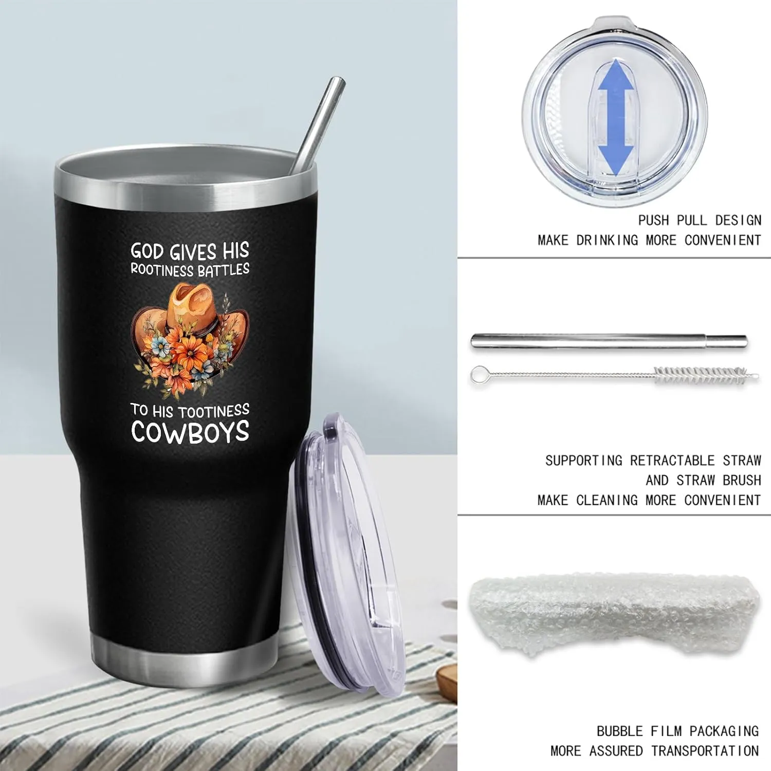 30 oz Tumbler with Lid and Straw God Gives His Rootiness Battles To His Tootiness Cowboys Tumbler Personalized Tumbler Insulated Tumblers Stainless Steel Tumbler Funny Gift