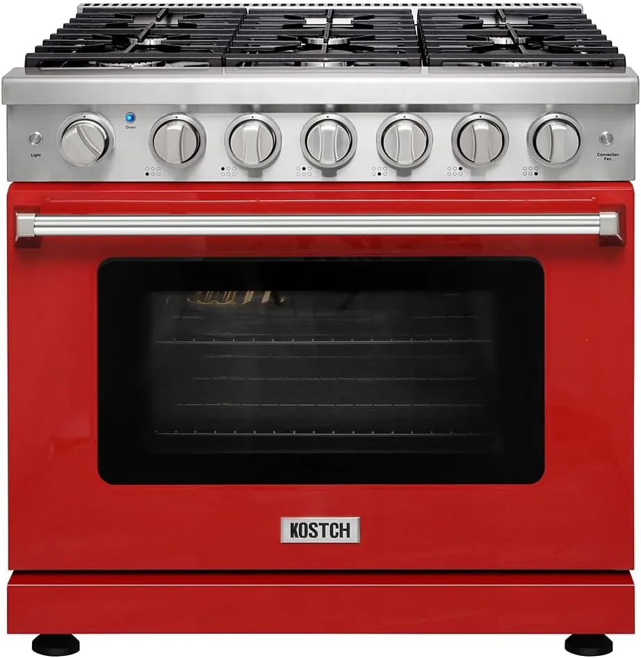 36 inch Professional Freestanding Pro-Style Natural Gas Range or Liquid Propane Gas Range with 6 Burners, 6.0 cu.ft. Oven Capacity, in Stainless Steel - KOS-36RG03M (Red)