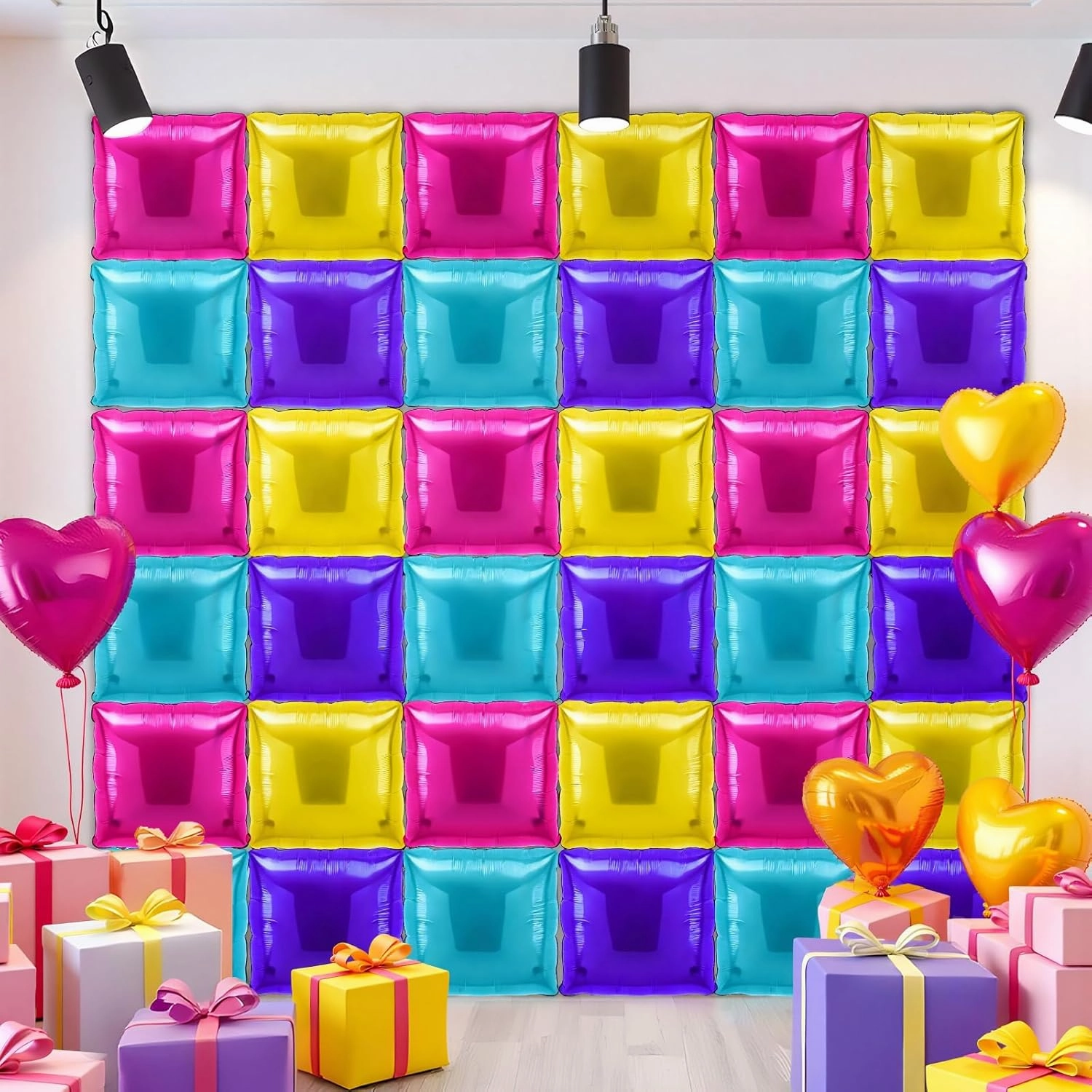 36 Pcs Magic Dollhouse Birthday Decorations Balloons Brick Square Foil Balloons Wall Backdrop Arch Kit Double Sided Metallic for Cartoon Video Game Party Supplies(Pink Blue Purple Yellow)