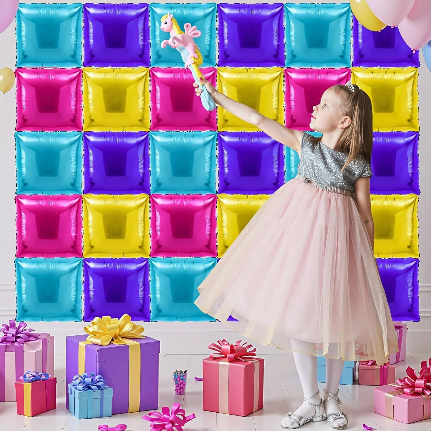 36 Pcs Magic Dollhouse Birthday Decorations Balloons Brick Square Foil Balloons Wall Backdrop Arch Kit Double Sided Metallic for Cartoon Video Game Party Supplies(Pink Blue Purple Yellow)