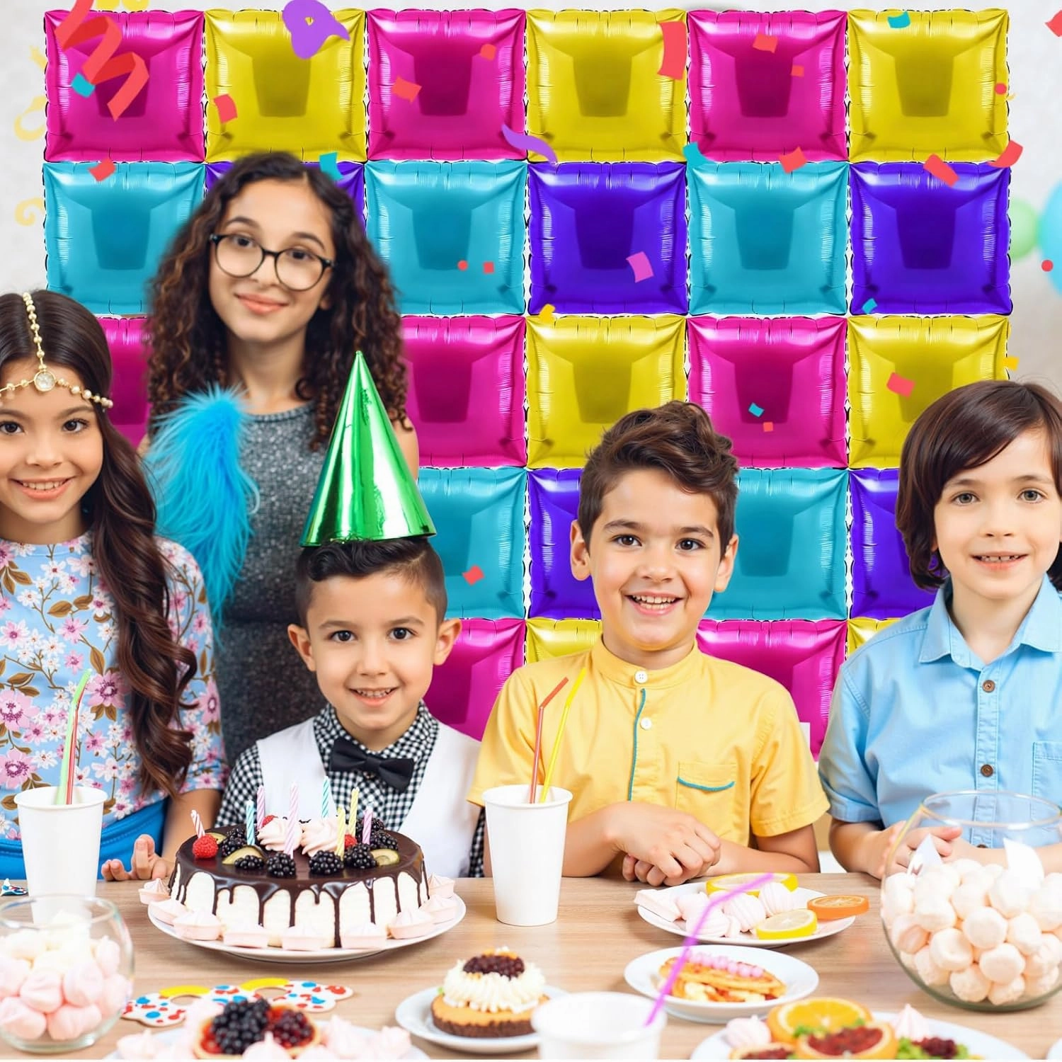 36 Pcs Magic Dollhouse Birthday Decorations Balloons Brick Square Foil Balloons Wall Backdrop Arch Kit Double Sided Metallic for Cartoon Video Game Party Supplies(Pink Blue Purple Yellow)