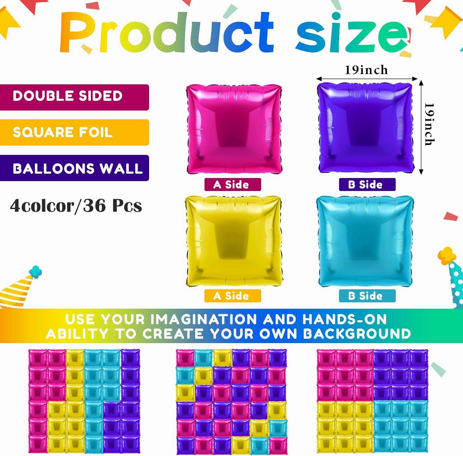 36 Pcs Magic Dollhouse Birthday Decorations Balloons Brick Square Foil Balloons Wall Backdrop Arch Kit Double Sided Metallic for Cartoon Video Game Party Supplies(Pink Blue Purple Yellow)