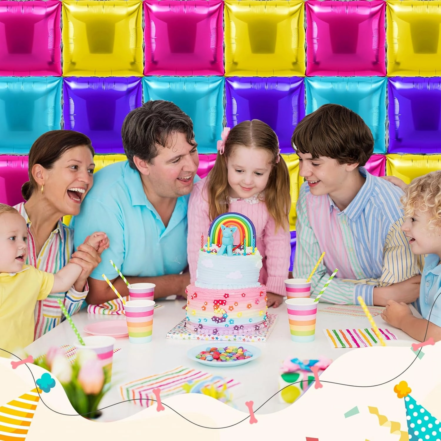 36 Pcs Magic Dollhouse Birthday Decorations Balloons Brick Square Foil Balloons Wall Backdrop Arch Kit Double Sided Metallic for Cartoon Video Game Party Supplies(Pink Blue Purple Yellow)