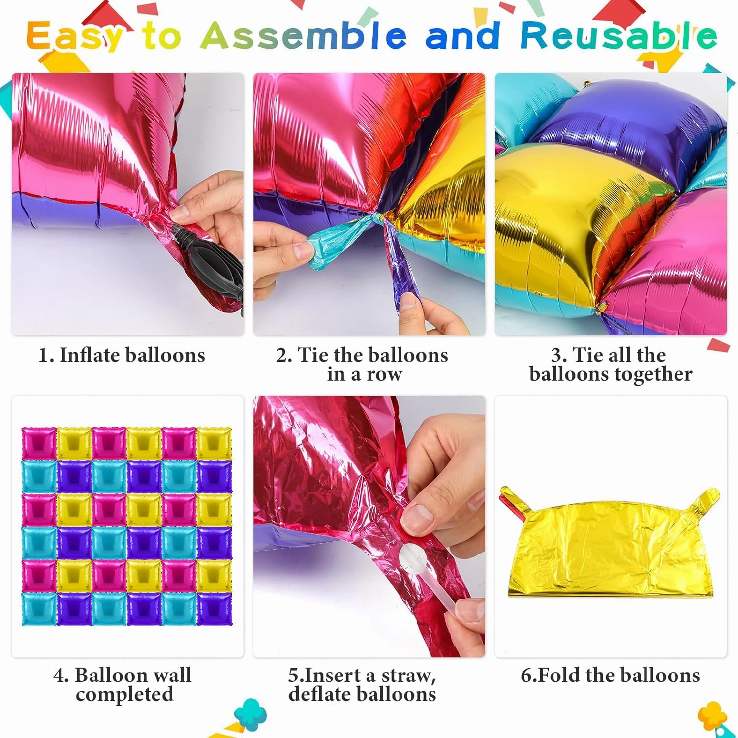 36 Pcs Magic Dollhouse Birthday Decorations Balloons Brick Square Foil Balloons Wall Backdrop Arch Kit Double Sided Metallic for Cartoon Video Game Party Supplies(Pink Blue Purple Yellow)