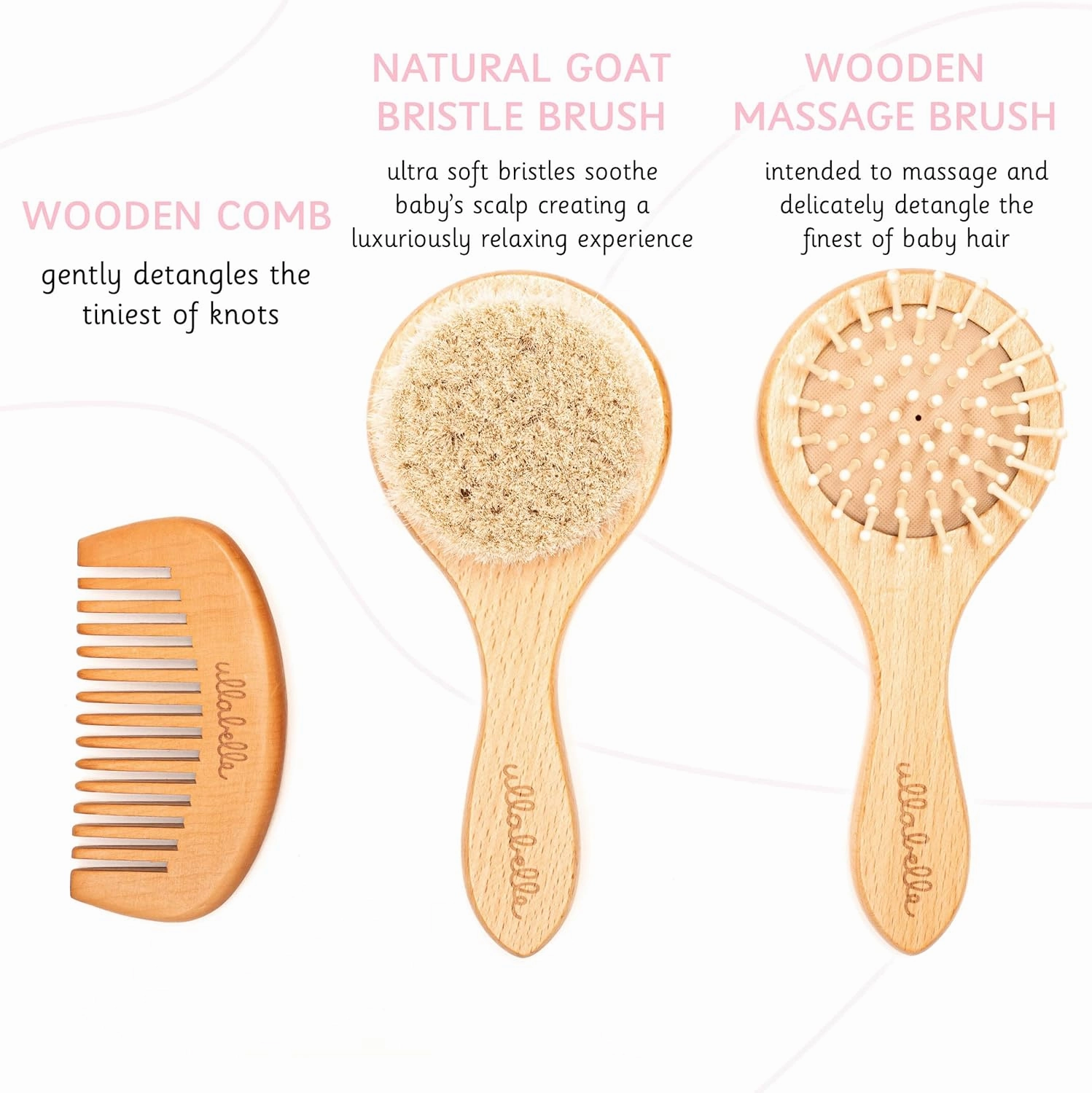 3 Piece Wooden Baby Hair Brush and Comb Set for Newborns & Toddlers in Chic Gift Box - Ultra Soft Natural Goat Hair and Wood Baby Brush Set Prevents Cradle Cap - Perfect Registry Gift (Sage)