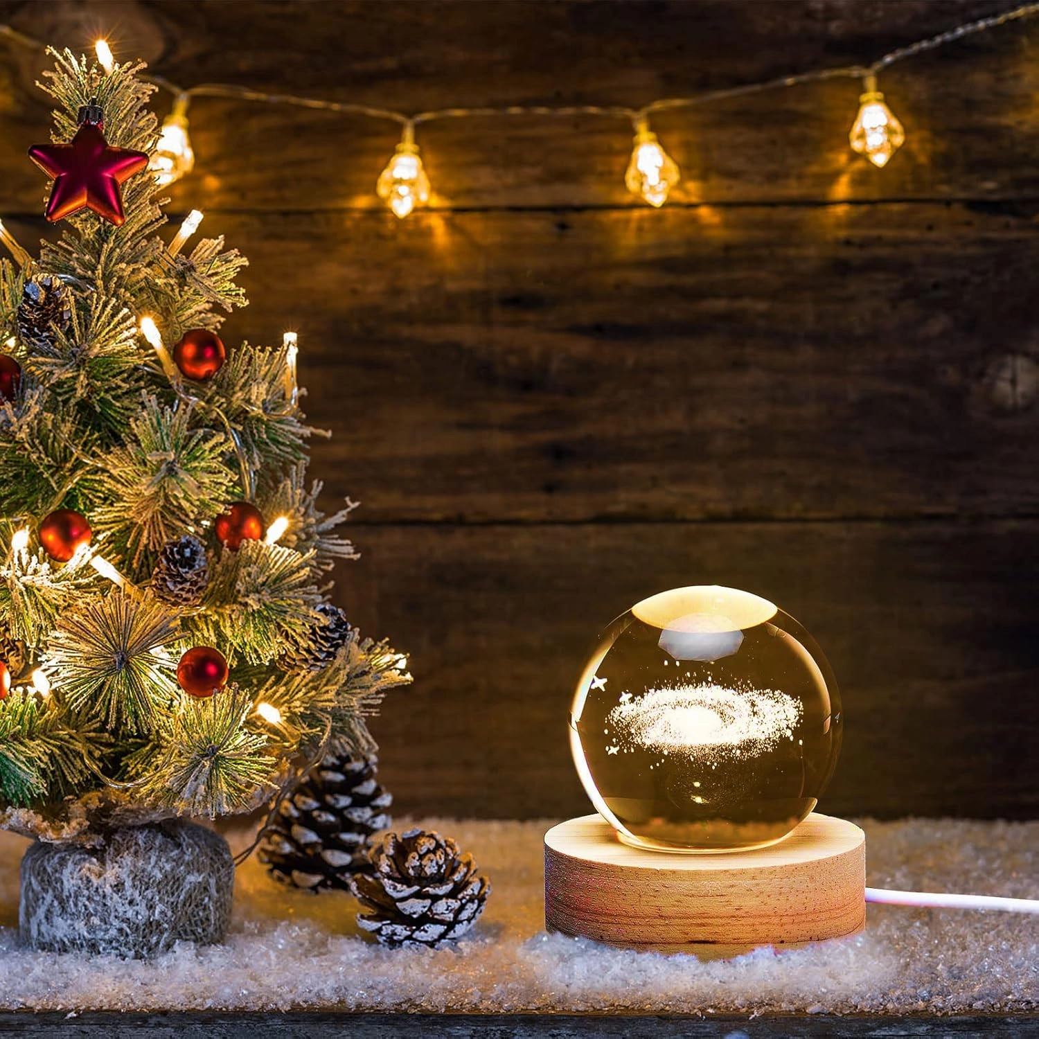 3D Nebula Crystal Ball Night Light for Kids - Glass Ball Night Lamp with Wooden Base - Fantasy Decoration - LED Galaxy Planet Nightlight for Bedroom Decor