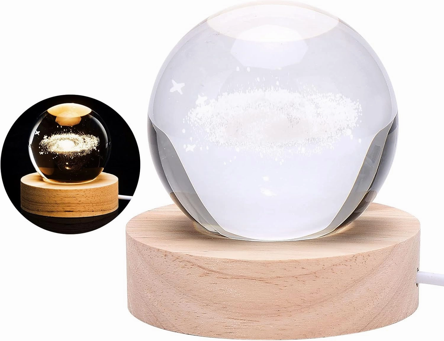 3D Nebula Crystal Ball Night Light for Kids - Glass Ball Night Lamp with Wooden Base - Fantasy Decoration - LED Galaxy Planet Nightlight for Bedroom Decor