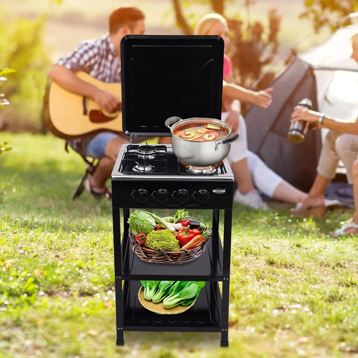 4 Burner Gas Stove Set with Support Leg Stand, Portable Natural Gas Stove with 4 Burners, Camping Cookware Set for Outdoor Cooking Camping (Without connecting hose) (Black)