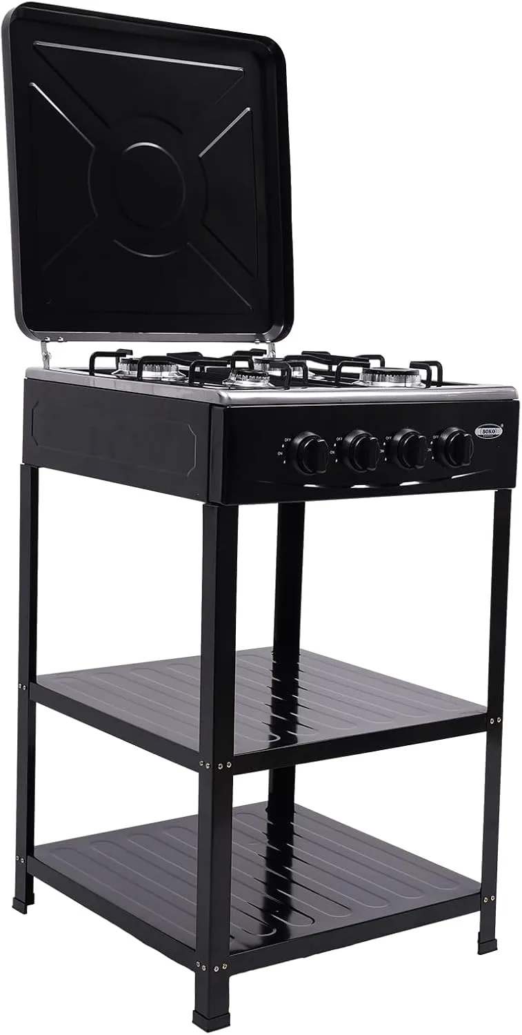 4 Burner Gas Stove Set with Support Leg Stand, Portable Natural Gas Stove with 4 Burners, Camping Cookware Set for Outdoor Cooking Camping (Without connecting hose) (Black)