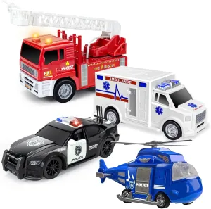 4 Pack Emergency Vehicle Toys for Kids, Ambulance, Police Car, Fire Truck, Helicopter Toys for 2 3 4 5 6 7 Years Old Boys Toddlers Easter Gift Friction Powered Toy Cars with Lights & Sounds