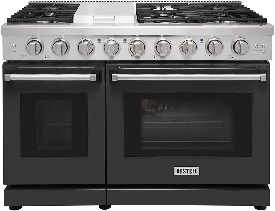 48 inch Pro-Style Natural Gas Range or Liquid Propane Gas Range with 6 Burners & 1 Griddle Cooktop, Double 4.6 cu. ft. and 2.2 cu. ft. Oven, in Stainless Steel - KOS-48RG03M (Black)