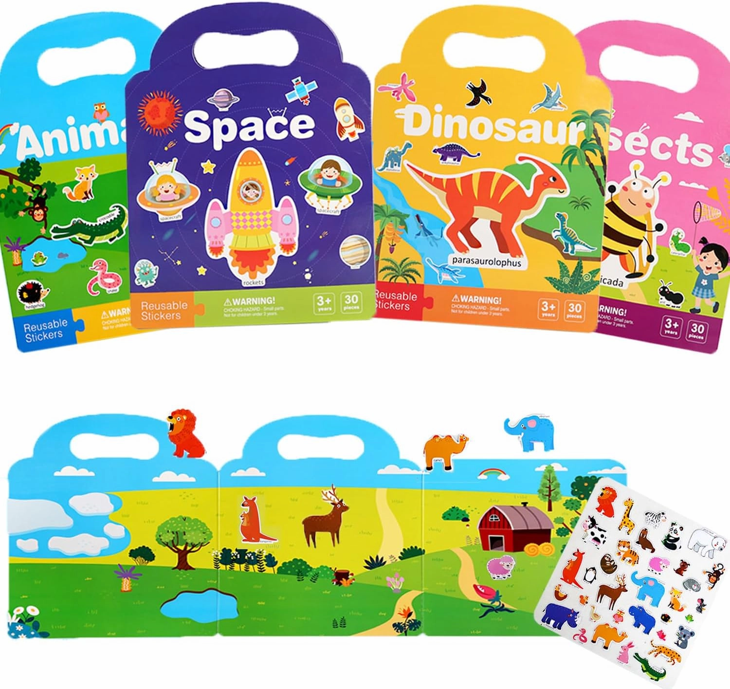 4 Pack Reusable Sticker Books for Toddlers 2-4 Years, Sticker Books for Kids 1-3, Birthday Gifts for Kids Toddler Boys Girls Travel Toys (Animals Insects Space Dinosaur)