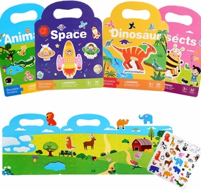 4 Pack Reusable Sticker Books for Toddlers 2-4 Years, Sticker Books for Kids 1-3, Birthday Gifts for Kids Toddler Boys Girls Travel Toys (Animals Insects Space Dinosaur)