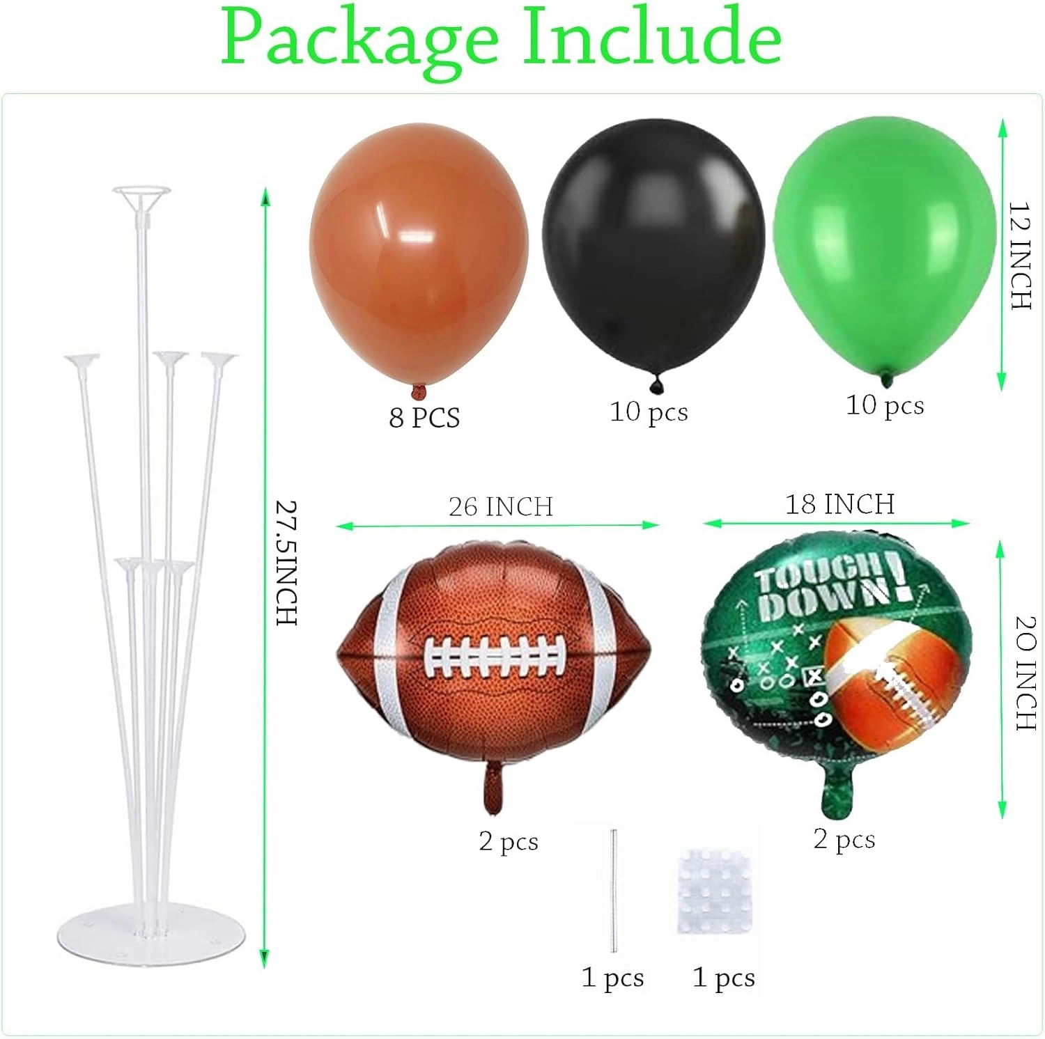 4 Sets Football Party Balloons Stand Kit, Football Party Balloon Centerpiece for Tables with 4pcs Football Foil Balloons,28pcs Green Black Brown Balloon for Game Sport Football Themed Birthday