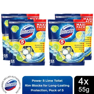4x Domestos Power 5 Lime Toilet Rim Blocks for LongLasting Protection 55g, Pkof5